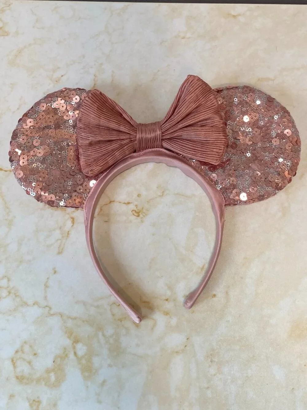 Disney Minnie Mouse Dusty Pink Nude Sequin Ears Bow Headband